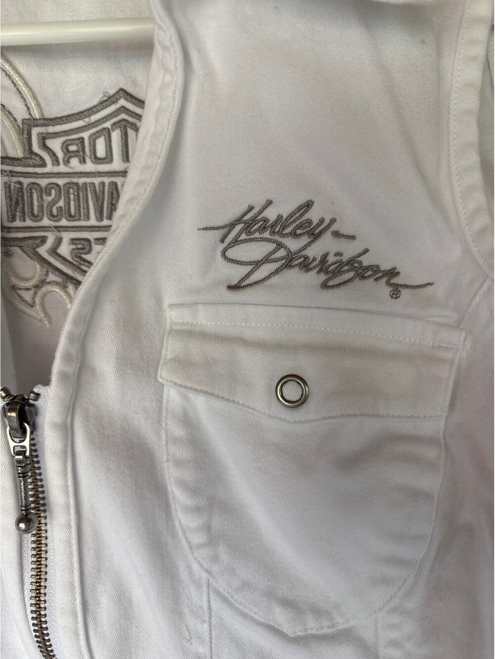 Harley Davidson White Denim Vest Corset Lace Back Flame Logo Womens M - Picture 5 of 5
